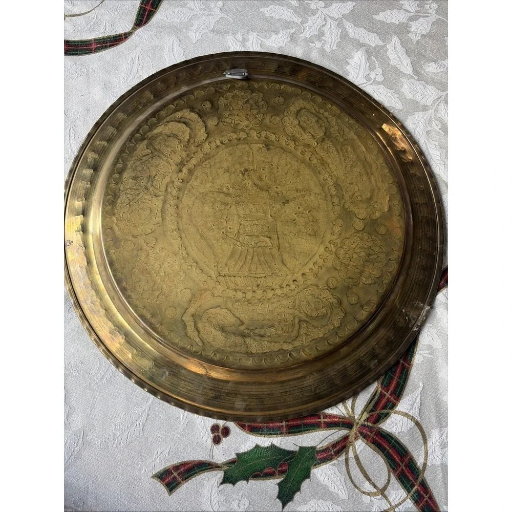 vtg Middle Eastern/Islamic style brass tray‎ etched Arabic calligraphy & Pot 15